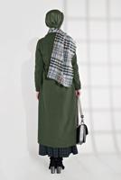 Tesettür giyim HAKİ BELİ BÜZGÜLÜ DÜĞMELİ KAŞE KABAN 4945 