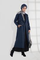 Tesettür giyim MAVİ BELİ BÜZGÜLÜ DÜĞMELİ KAŞE KABAN 4945 