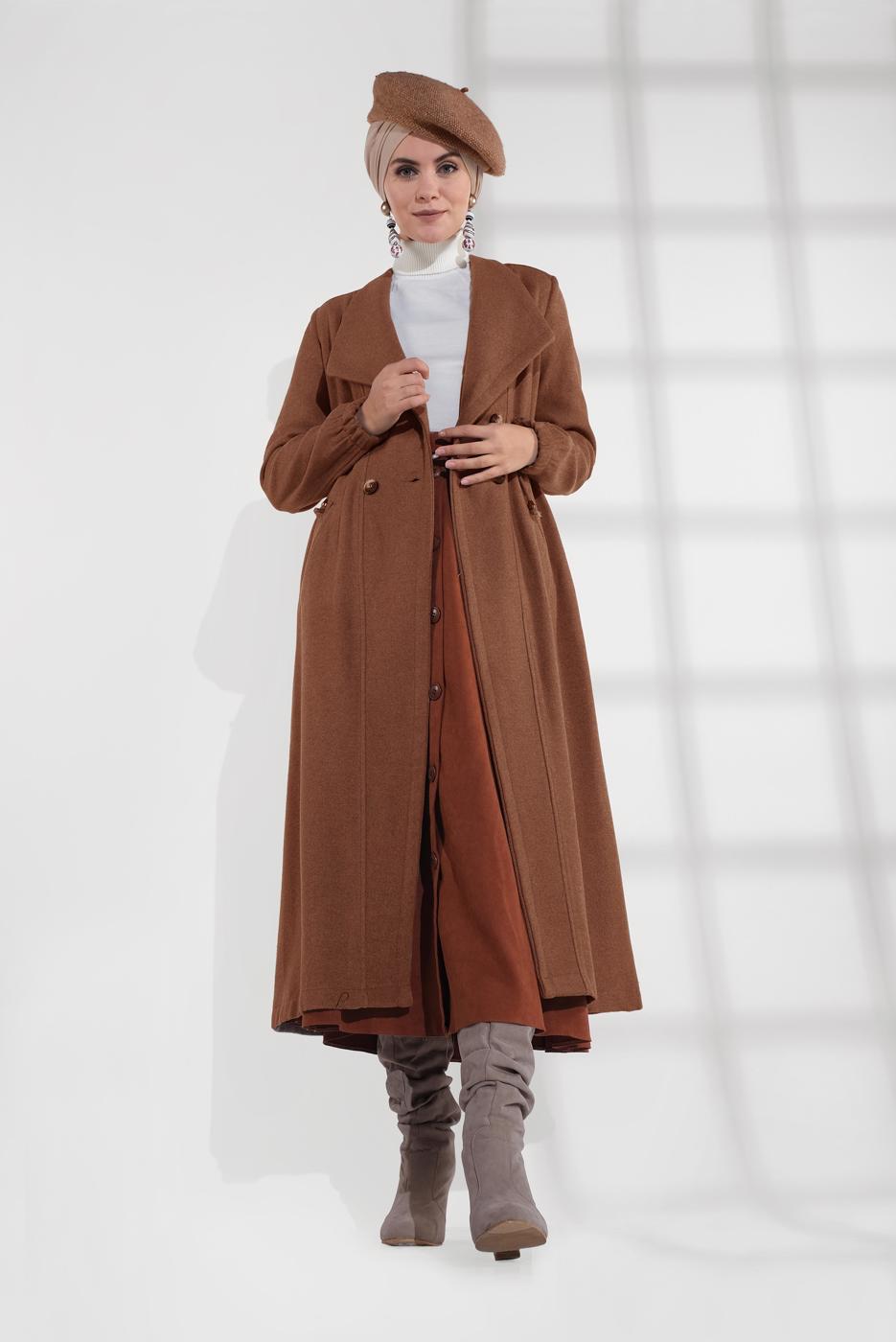 Tesettür giyim TABA BELİ BÜZGÜLÜ DÜĞMELİ KAŞE KABAN 4945 