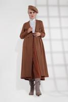 Tesettür giyim TABA BELİ BÜZGÜLÜ DÜĞMELİ KAŞE KABAN 4945 