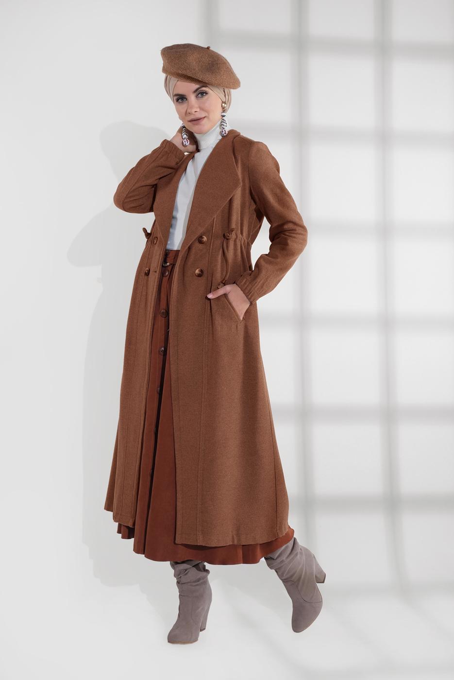 Tesettür giyim TABA BELİ BÜZGÜLÜ DÜĞMELİ KAŞE KABAN 4945 