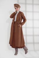 Tesettür giyim TABA BELİ BÜZGÜLÜ DÜĞMELİ KAŞE KABAN 4945 