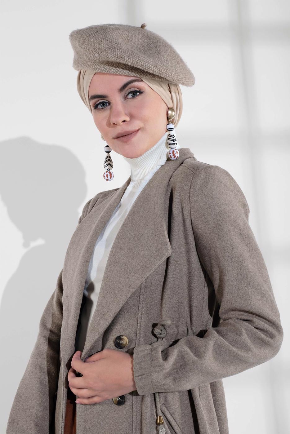 Tesettür giyim VİZON BELİ BÜZGÜLÜ DÜĞMELİ KAŞE KABAN 4945 