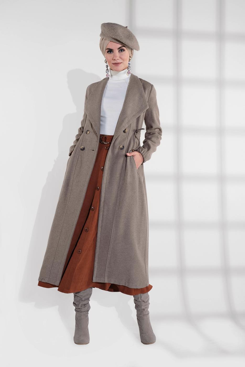 Tesettür giyim VİZON BELİ BÜZGÜLÜ DÜĞMELİ KAŞE KABAN 4945 