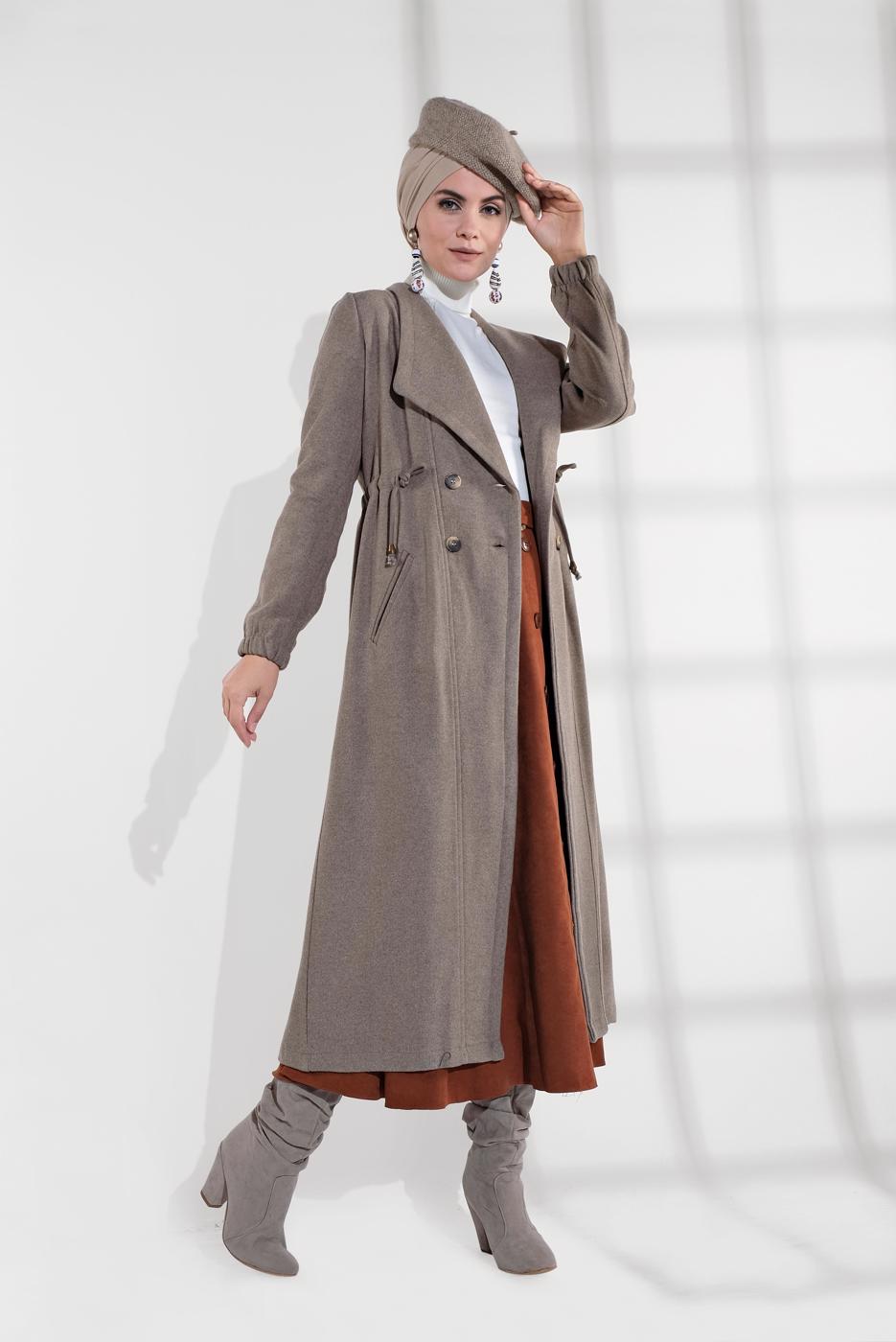 Tesettür giyim VİZON BELİ BÜZGÜLÜ DÜĞMELİ KAŞE KABAN 4945 