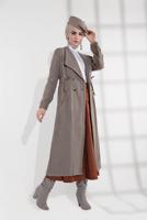 Tesettür giyim VİZON BELİ BÜZGÜLÜ DÜĞMELİ KAŞE KABAN 4945 