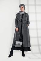 Tesettür giyim GRİ BELİ BÜZGÜLÜ DÜĞMELİ KAŞE KABAN 4945 