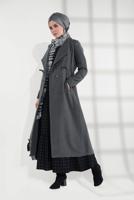 Tesettür giyim GRİ BELİ BÜZGÜLÜ DÜĞMELİ KAŞE KABAN 4945 