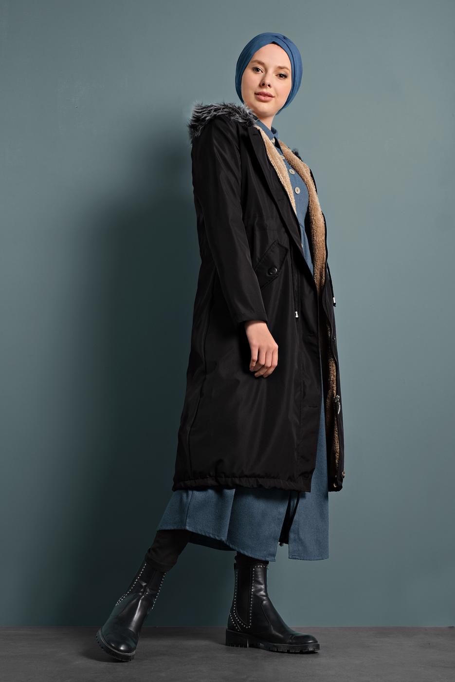 Hijab clothing BLACK WAIST-SHIRRED HOODED COAT  T 5021