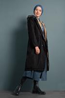 Hijab clothing BLACK WAIST-SHIRRED HOODED COAT  T 5021