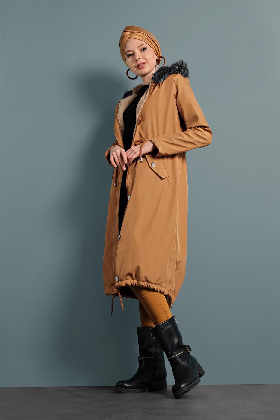Hijab clothing ORANGE WAIST-SHIRRED HOODED COAT  T 5021
