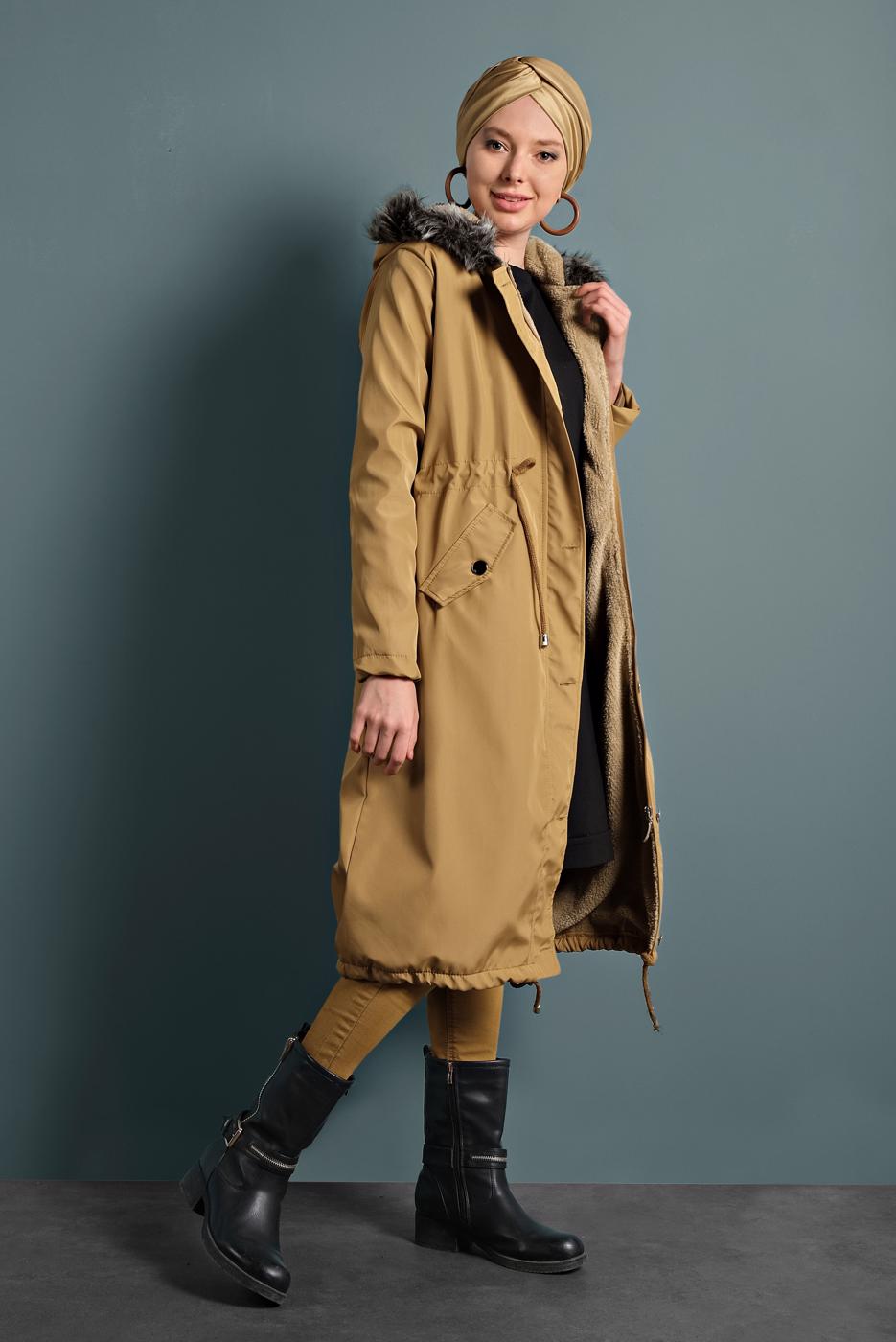 Hijab clothing YELLOW WAIST-SHIRRED HOODED COAT  T 5021