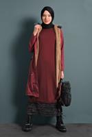 Vêtements hijab ROUGE BORDEAUX MANTEAU DE FOURRURE À TAILLE-BOUILLONNÉE AVEC CAPUCHE 5021 