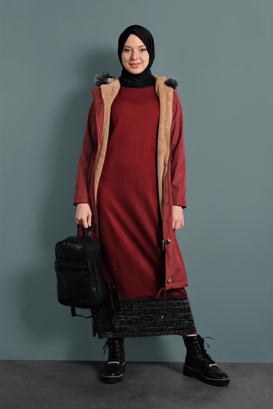 Hijab clothing BROWN WAIST-SHIRRED HOODED COAT  T 5021