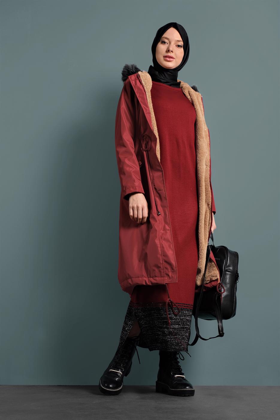 Hijab clothing BROWN WAIST-SHIRRED HOODED COAT  T 5021