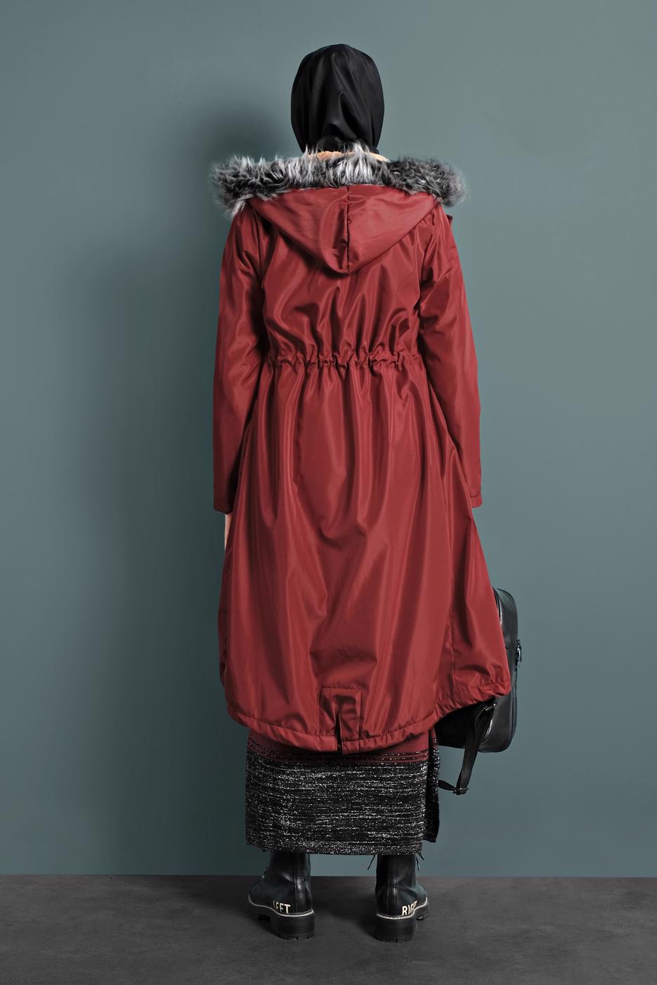 Hijab clothing BROWN WAIST-SHIRRED HOODED COAT  T 5021