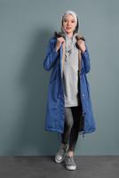 Vêtements hijab BLEU MARINE MANTEAU DE FOURRURE À TAILLE-BOUILLONNÉE AVEC CAPUCHE 5021 