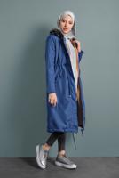 Vêtements hijab BLEU MARINE MANTEAU DE FOURRURE À TAILLE-BOUILLONNÉE AVEC CAPUCHE 5021 