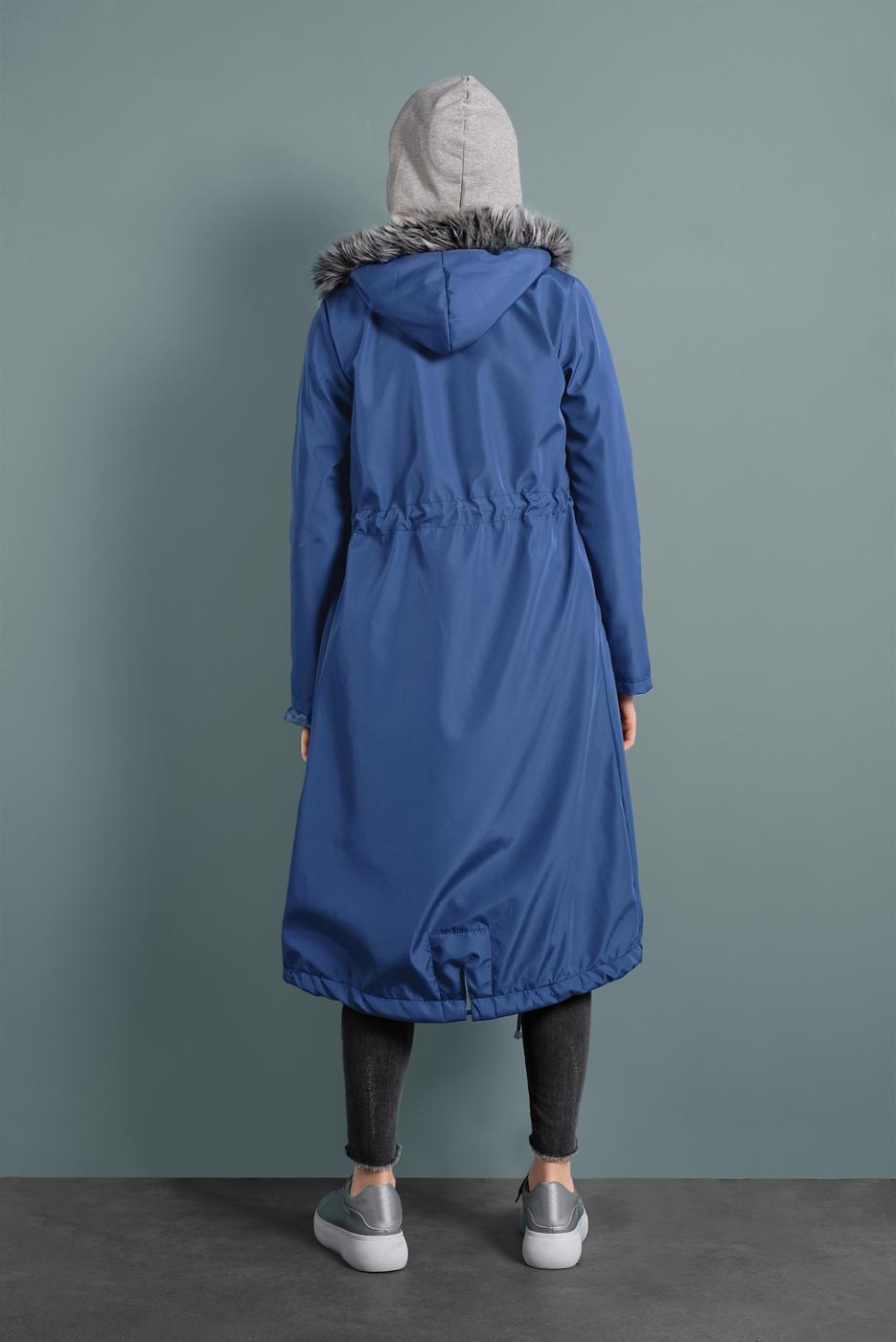 Vêtements hijab BLEU MARINE MANTEAU DE FOURRURE À TAILLE-BOUILLONNÉE AVEC CAPUCHE 5021 