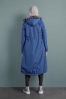 Vêtements hijab BLEU MARINE MANTEAU DE FOURRURE À TAILLE-BOUILLONNÉE AVEC CAPUCHE 5021 