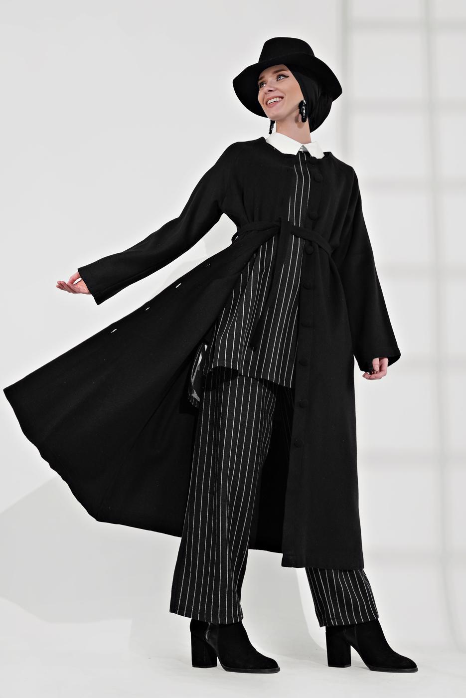 Tesettür giyim SİYAH BELİ KUŞAKLI PAMUKLU KABAN 5055