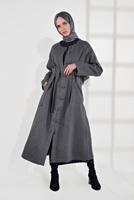 Tesettür giyim GRİ BELİ KUŞAKLI PAMUKLU KABAN 5055