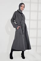 Tesettür giyim GRİ BELİ KUŞAKLI PAMUKLU KABAN 5055