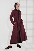 Tesettür giyim BORDO BELİ KUŞAKLI PAMUKLU KABAN 5055