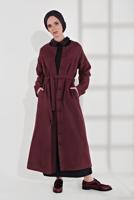 Tesettür giyim BORDO BELİ KUŞAKLI PAMUKLU KABAN 5055