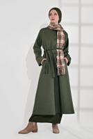 Tesettür giyim HAKİ BELİ KUŞAKLI PAMUKLU KABAN 5055