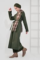 Tesettür giyim HAKİ BELİ KUŞAKLI PAMUKLU KABAN 5055