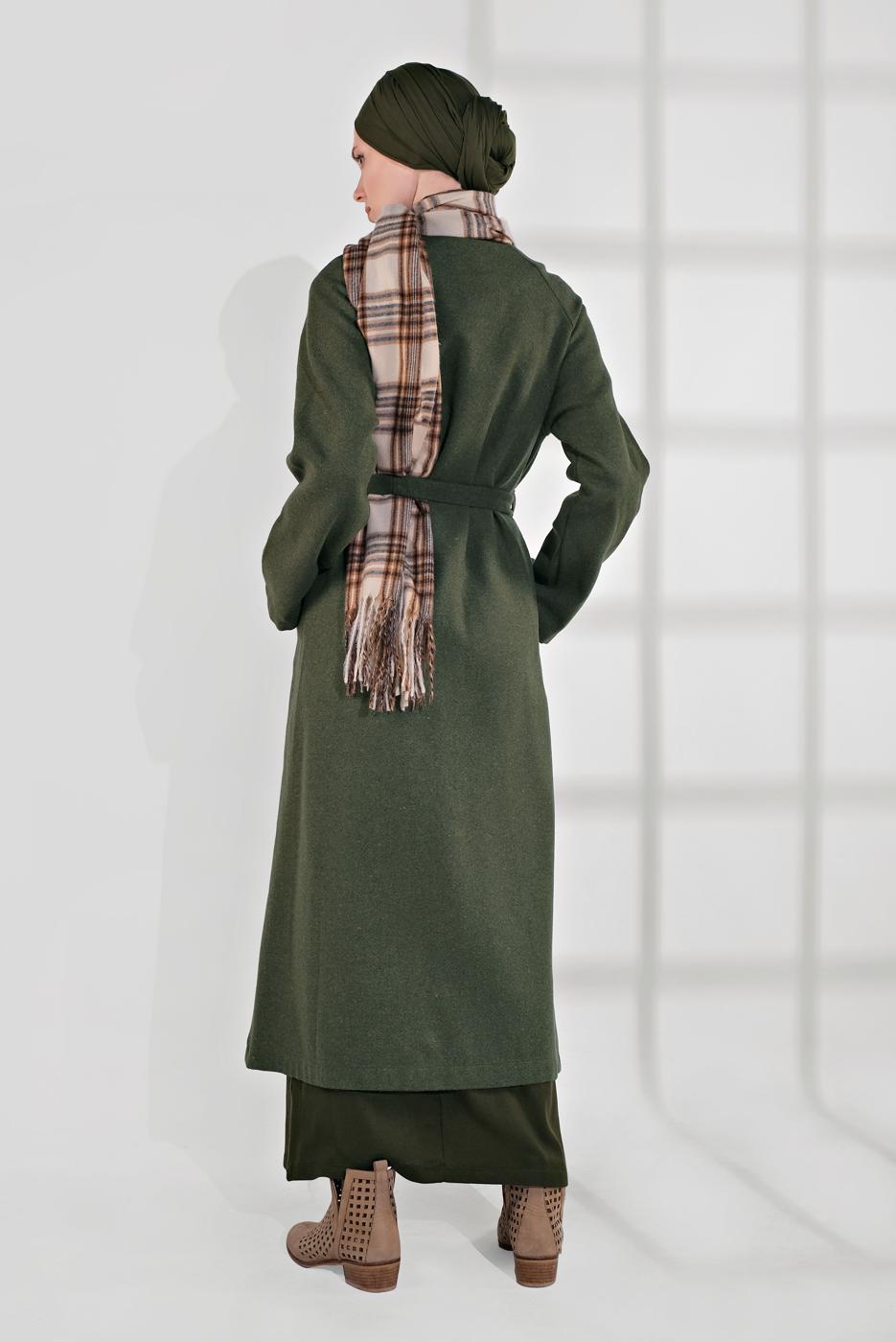 Tesettür giyim HAKİ BELİ KUŞAKLI PAMUKLU KABAN 5055