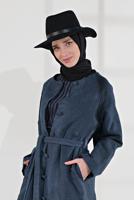 Tesettür giyim MAVİ BELİ KUŞAKLI PAMUKLU KABAN 5055