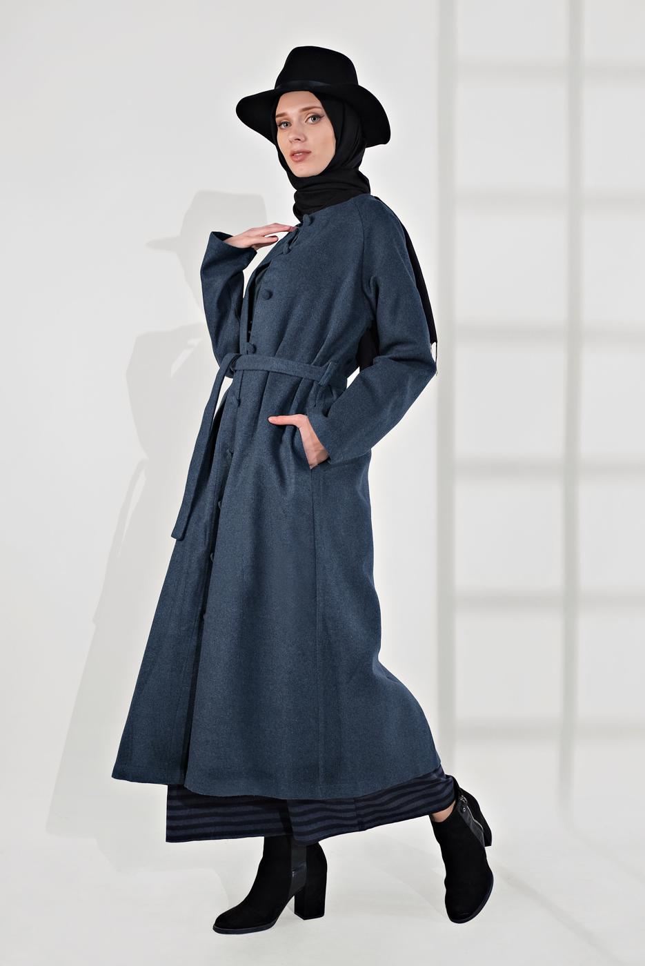 Tesettür giyim MAVİ BELİ KUŞAKLI PAMUKLU KABAN 5055