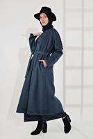 Tesettür giyim MAVİ BELİ KUŞAKLI PAMUKLU KABAN 5055