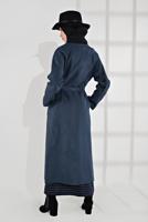 Tesettür giyim MAVİ BELİ KUŞAKLI PAMUKLU KABAN 5055