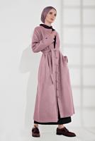 Tesettür giyim PUDRA BELİ KUŞAKLI PAMUKLU KABAN 5055