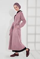 Tesettür giyim PUDRA BELİ KUŞAKLI PAMUKLU KABAN 5055