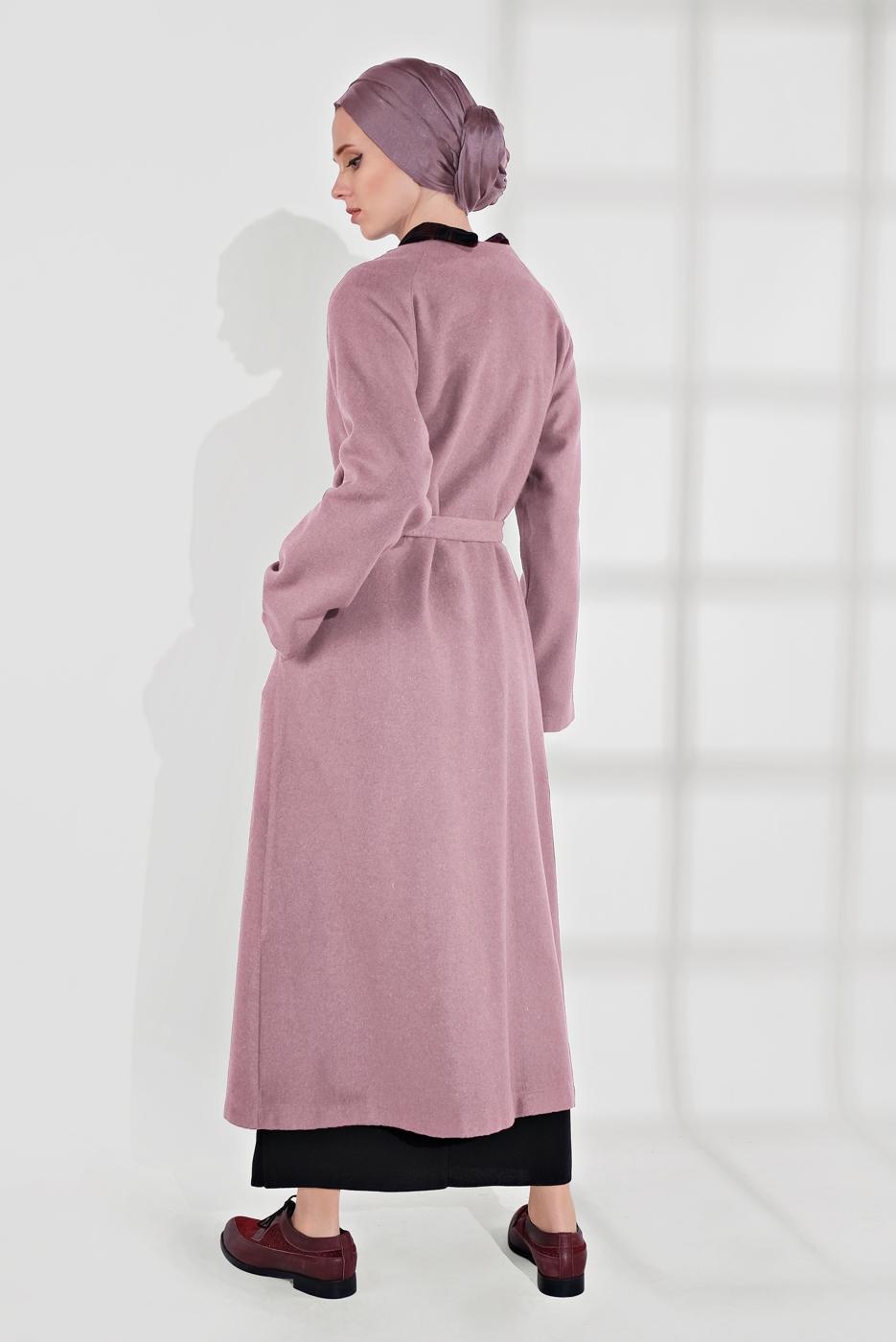 Tesettür giyim PUDRA BELİ KUŞAKLI PAMUKLU KABAN 5055