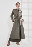 Tesettür giyim VİZON BELİ KUŞAKLI PAMUKLU KABAN 5055
