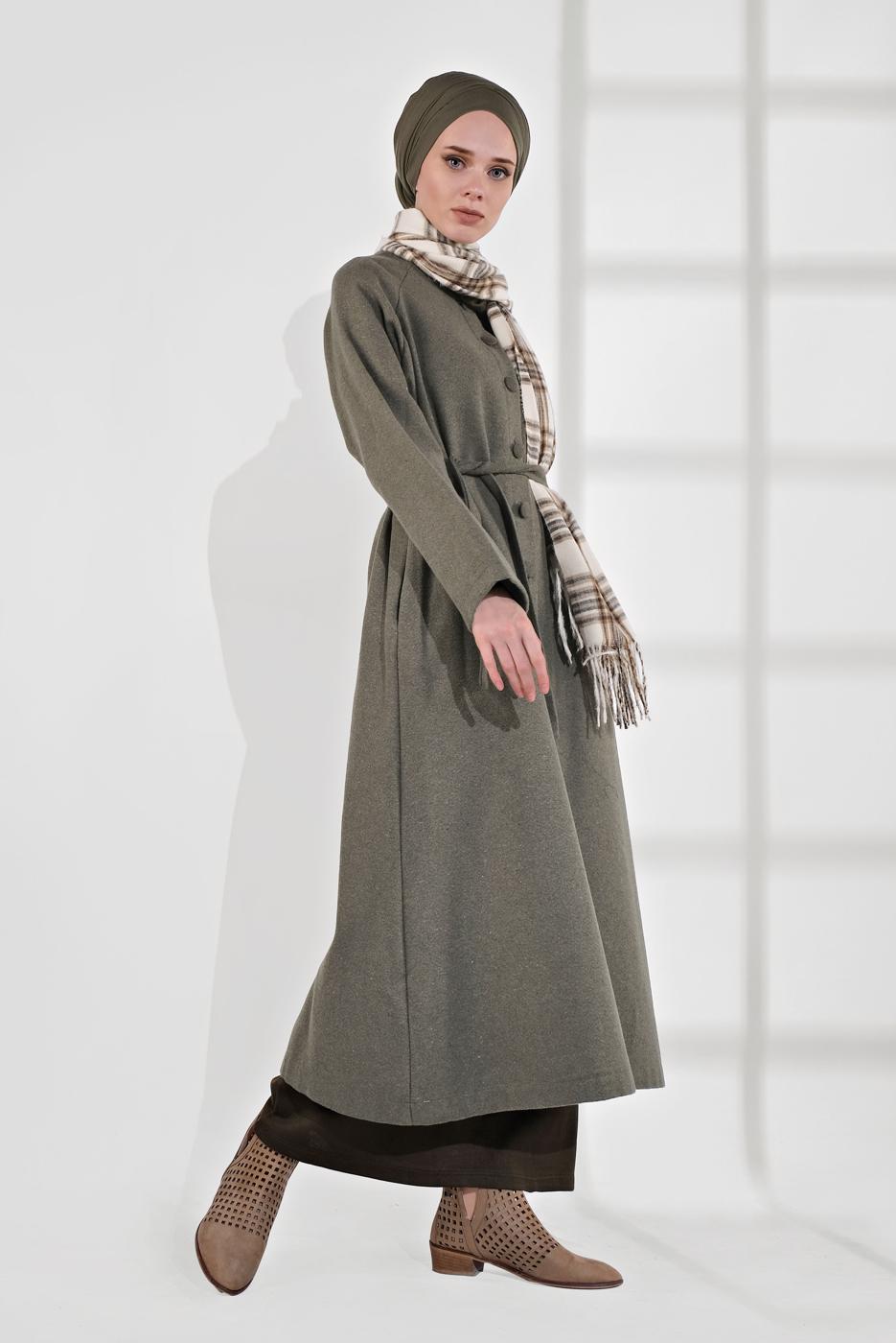 Tesettür giyim VİZON BELİ KUŞAKLI PAMUKLU KABAN 5055