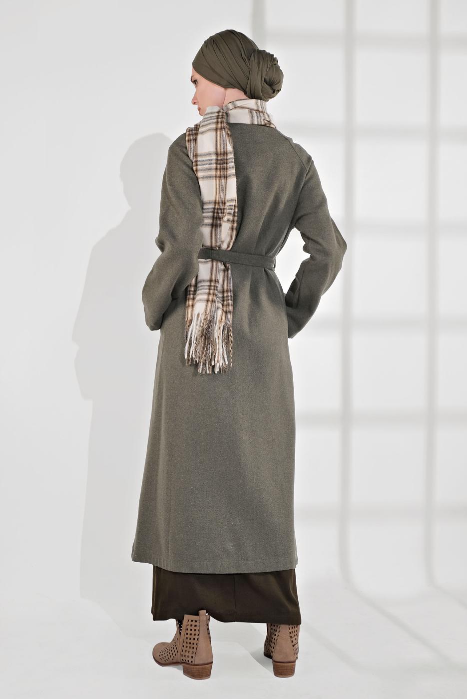 Tesettür giyim VİZON BELİ KUŞAKLI PAMUKLU KABAN 5055