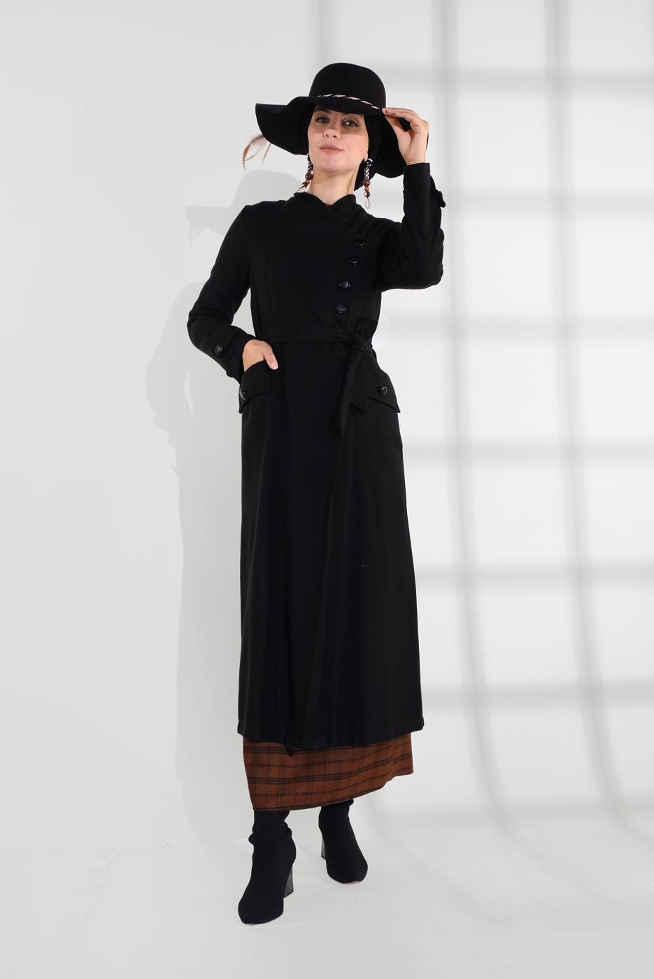 Tesettür giyim SİYAH BELDEN KUŞAKLI PAMUKLU KAŞE KABAN  5945  