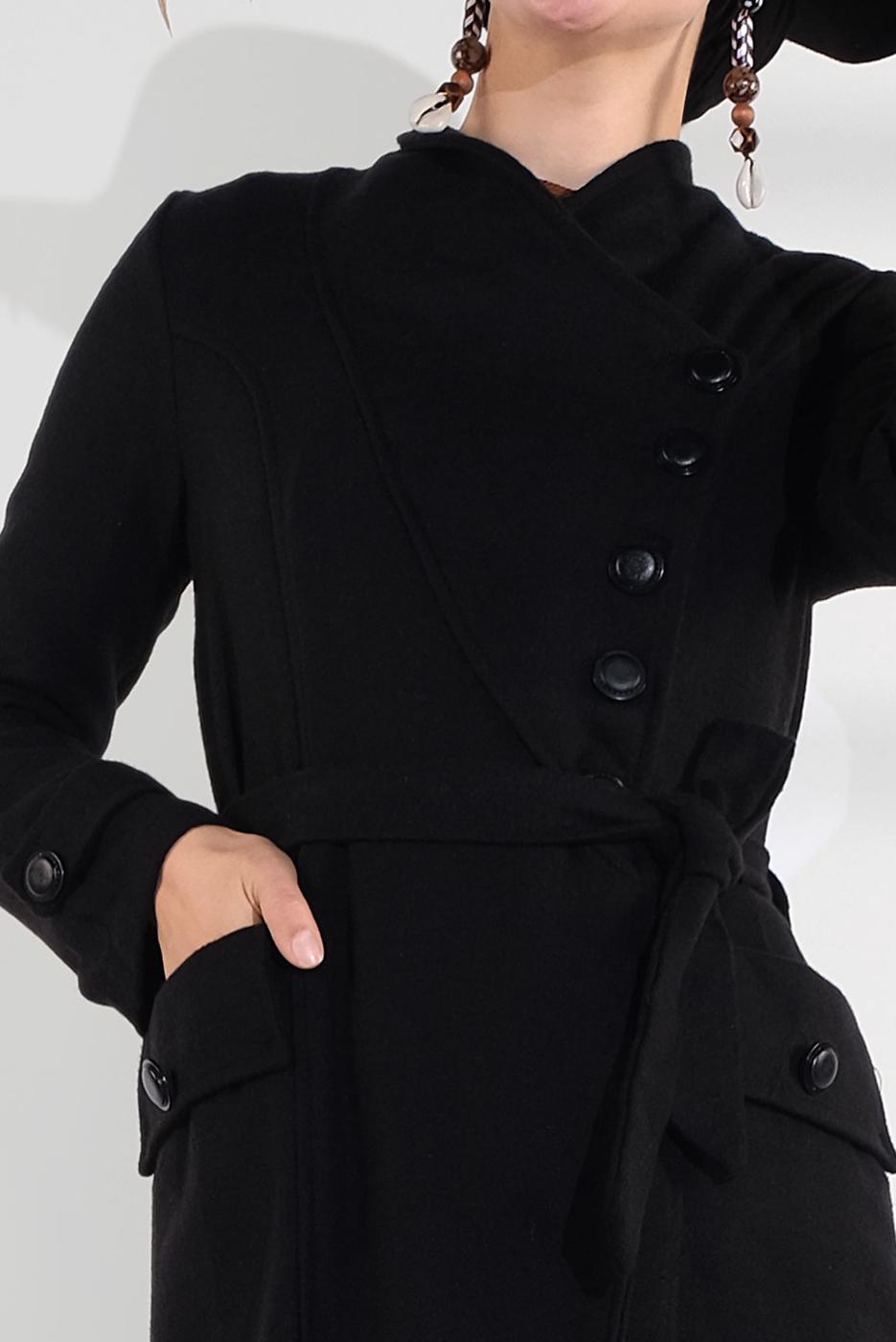 Tesettür giyim SİYAH BELDEN KUŞAKLI PAMUKLU KAŞE KABAN  5945  