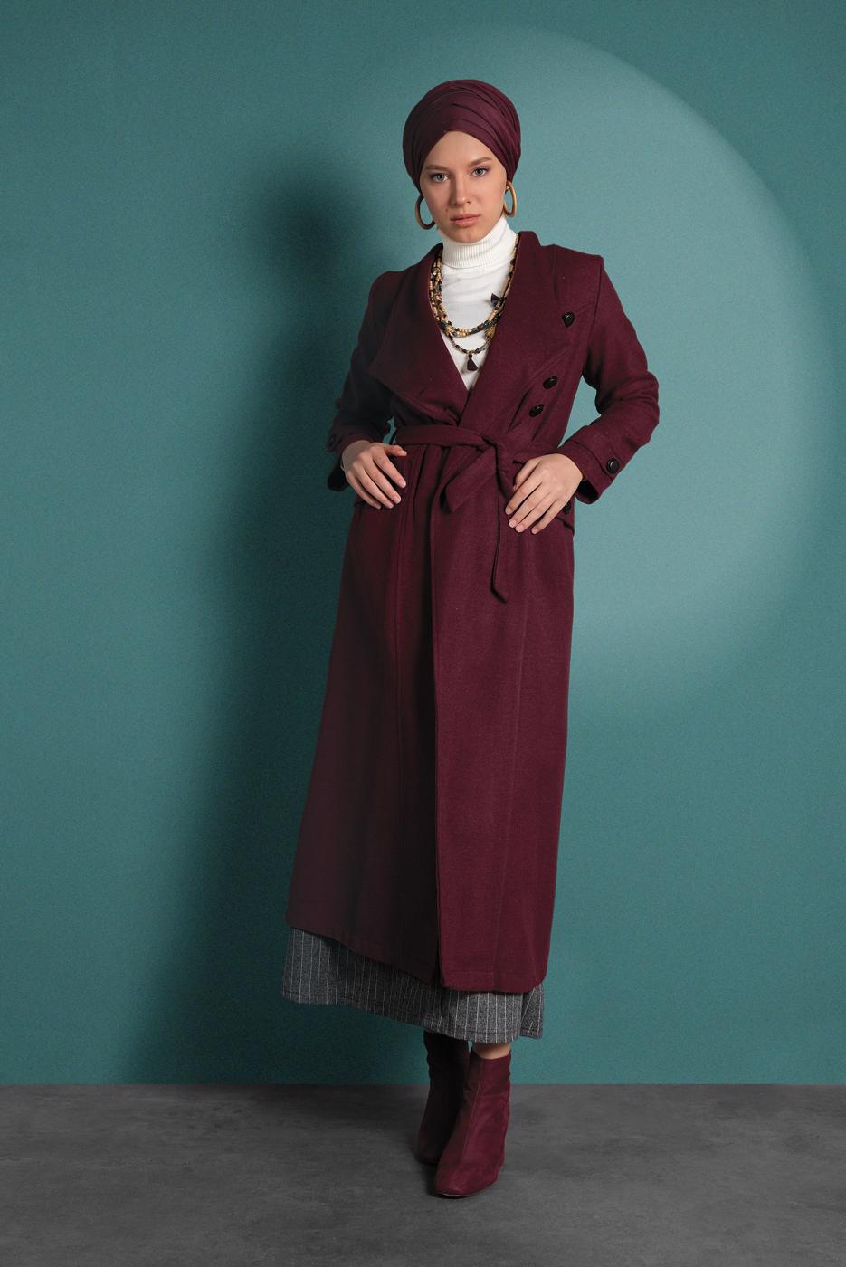 Tesettür giyim BORDO BELDEN KUŞAKLI PAMUKLU KAŞE KABAN  5945  