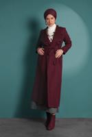 Tesettür giyim BORDO BELDEN KUŞAKLI PAMUKLU KAŞE KABAN  5945  