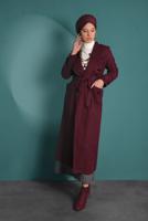 Tesettür giyim BORDO BELDEN KUŞAKLI PAMUKLU KAŞE KABAN  5945  