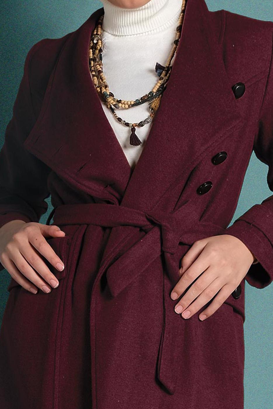 Tesettür giyim BORDO BELDEN KUŞAKLI PAMUKLU KAŞE KABAN  5945  