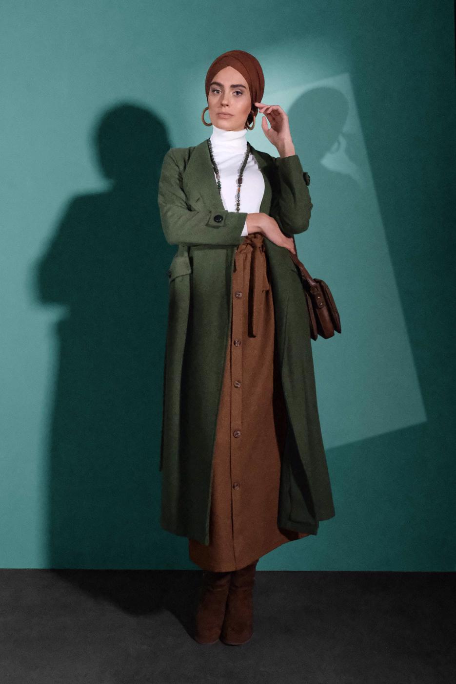 Tesettür giyim HAKİ BELDEN KUŞAKLI PAMUKLU KAŞE KABAN  5945  