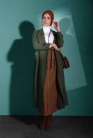 Tesettür giyim HAKİ BELDEN KUŞAKLI PAMUKLU KAŞE KABAN  5945  